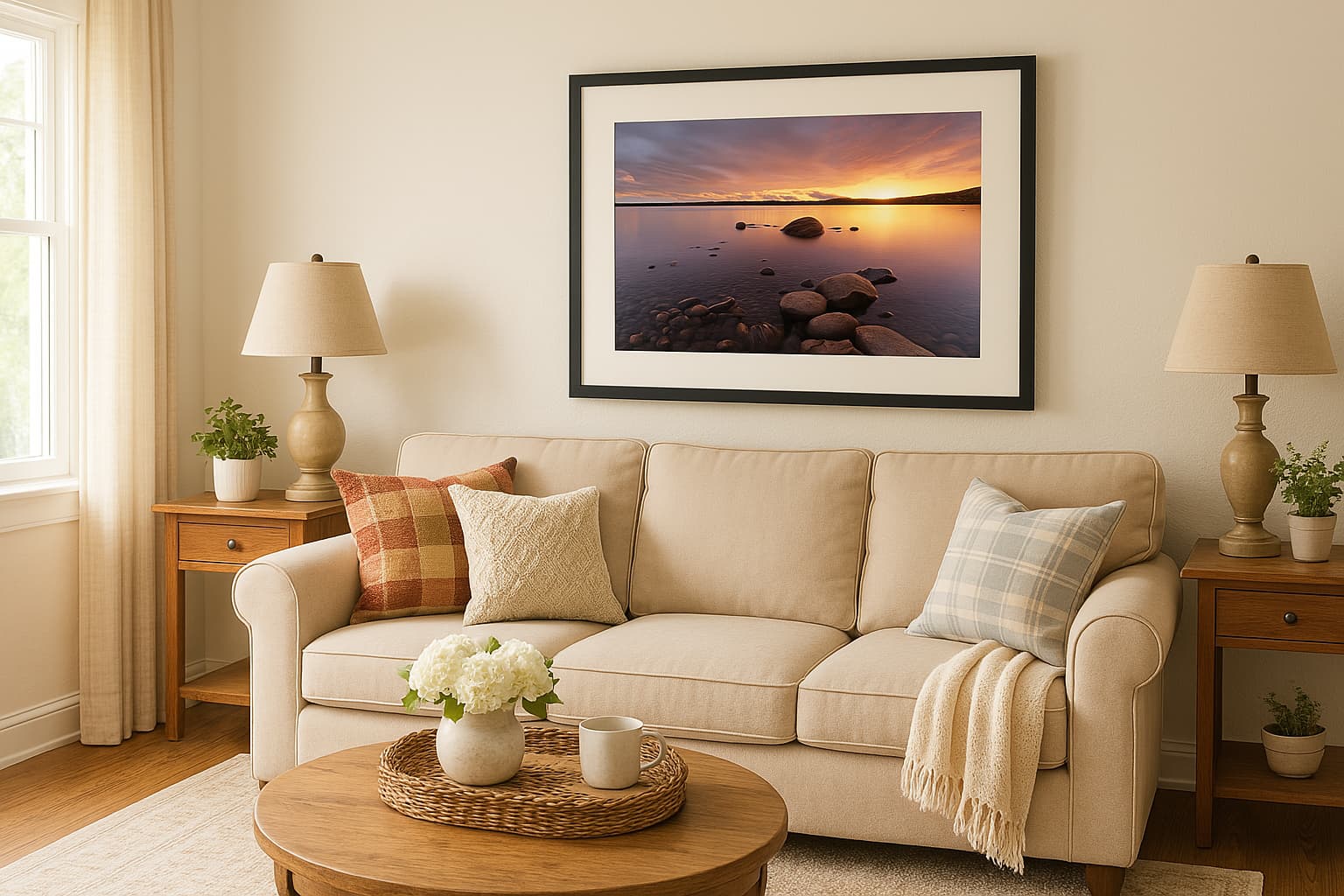 framed print in livingroom sunrise