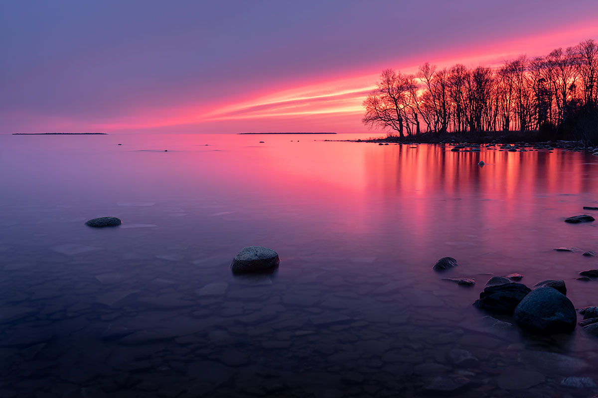 sunset on calm lake with intense hues of pink, purple, and violet