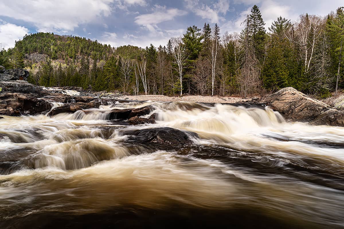 turbulent chute waterfall in May on Goulais River