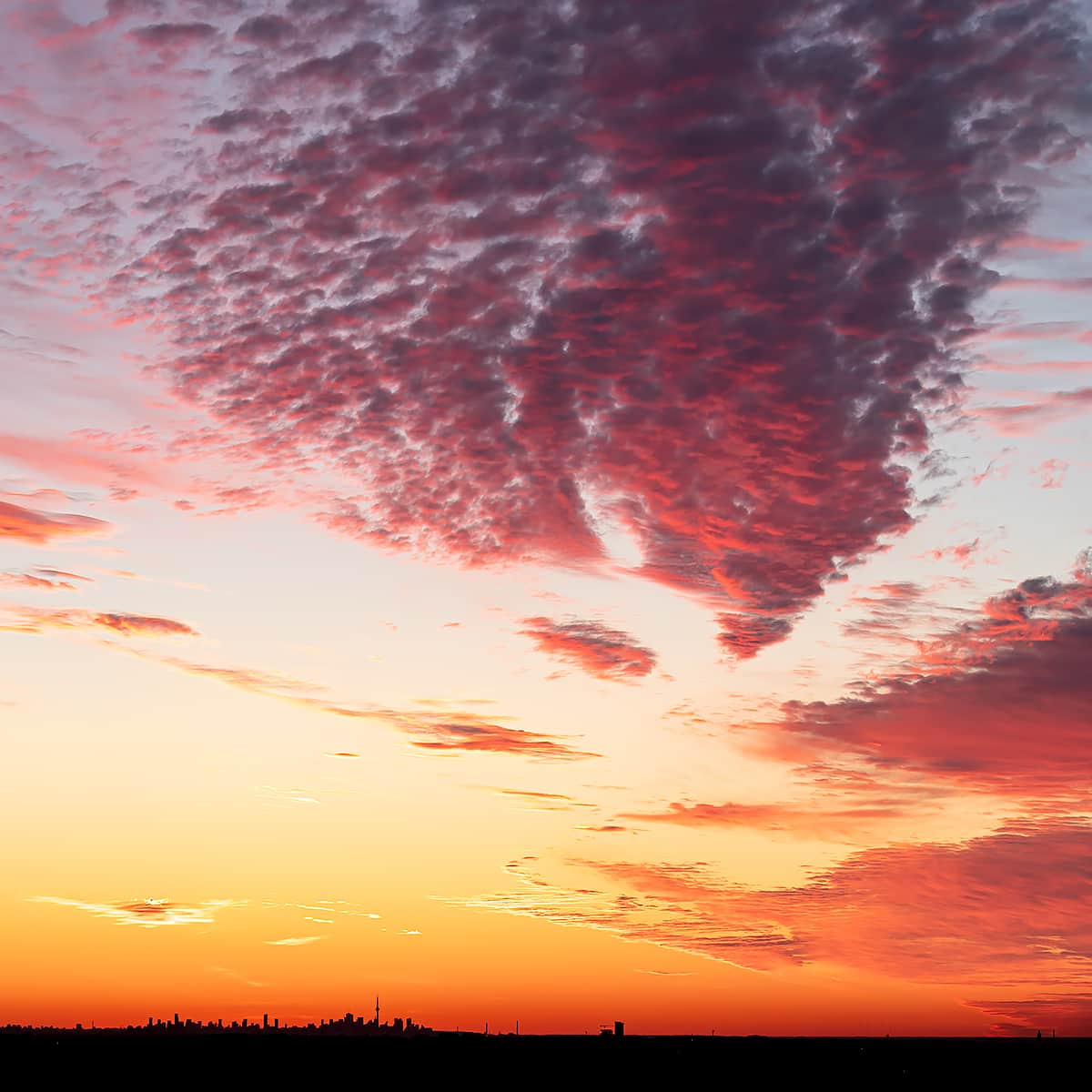 Sunrise behind Toronto skyline from Mount Nemo