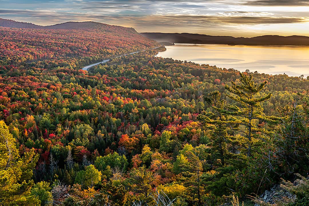 Elevated view of Hwy 60, heading south toward Havilland Bay in autumn.