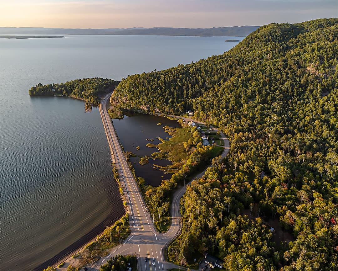 Drone photo of causeway on Lake Superior