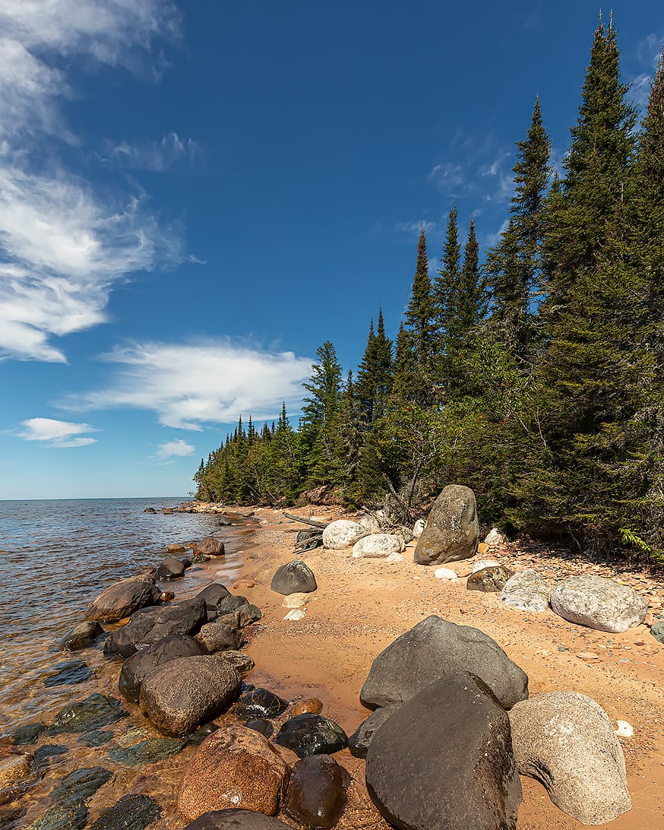 Rugged shoreline on Lake Superior, summer day
